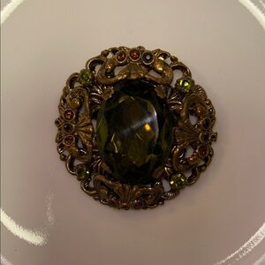 Vintage Style Ornate Brooch with Green Gem